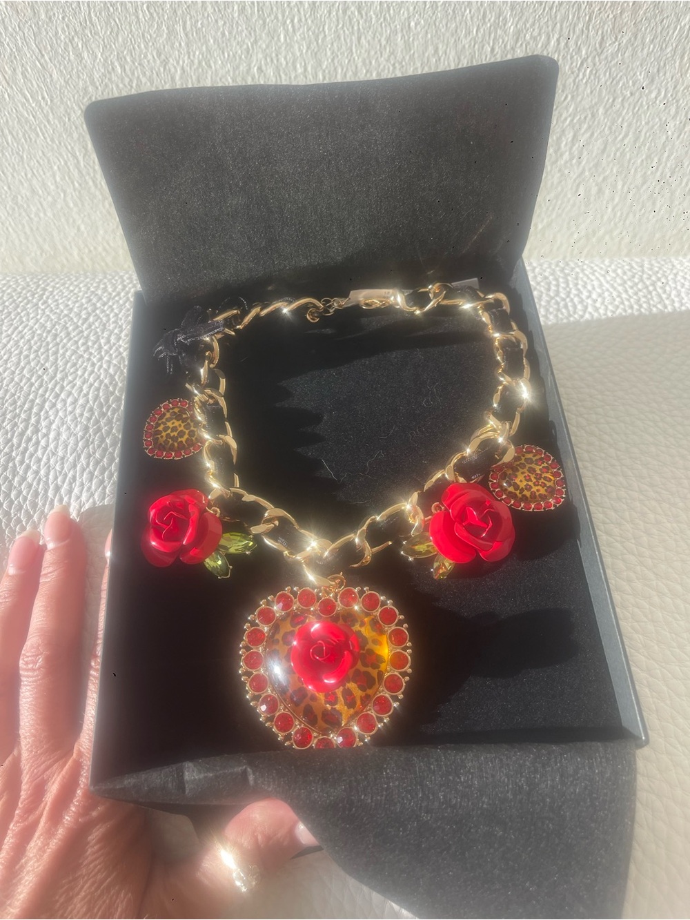 Betsey Johnson Gold Chain Necklace with Red Rose & Leopard Heart Charms